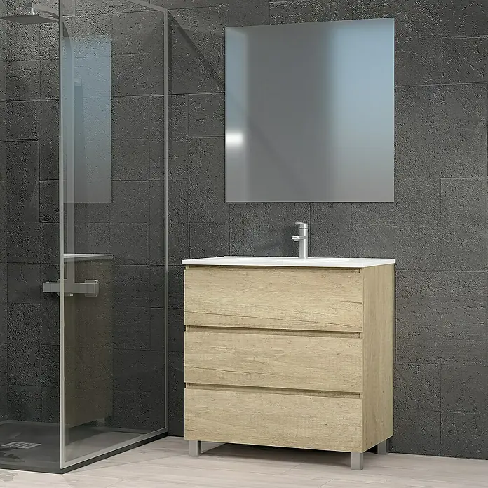 Artysan Conjunto de mueble de baño Patri - Ancho: 80 cm, 3 pzs., Nature, Mate - Un baño con mueble de lavabo de madera clara con tres cajones y un espejo cuadrado montado encima.