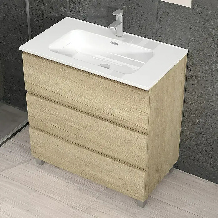 Artysan Conjunto de mueble de baño Patri - Ancho: 80 cm, 3 pzs., Nature, Mate - Mueble de baño moderno con armario de imitación madera y lavabo blanco, perfecto para añadir estilo y funcionalidad a tu baño.