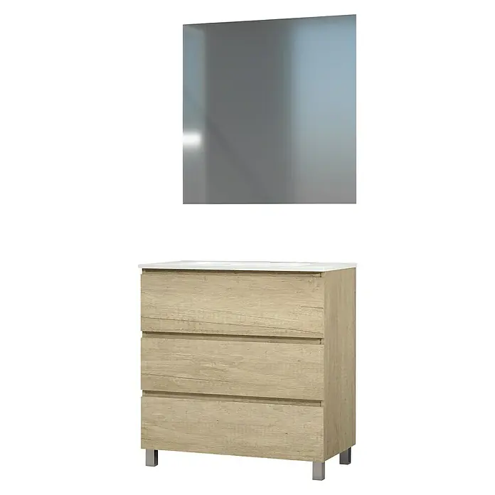 Artysan Conjunto de mueble de baño Patri - Ancho: 80 cm, 3 pzs., Nature, Mate - Un elegante mueble de baño con aspecto de madera con tres cajones y un espejo a juego para crear un ambiente moderno.