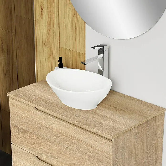 Artysan Conjunto de mueble de baño Zeus Top - Ancho: 80 cm, 4 pzs., Natural, Mate - Un tocador moderno con un elegante lavabo sobre encimera y grifo. La superficie de madera añade calidez al baño.