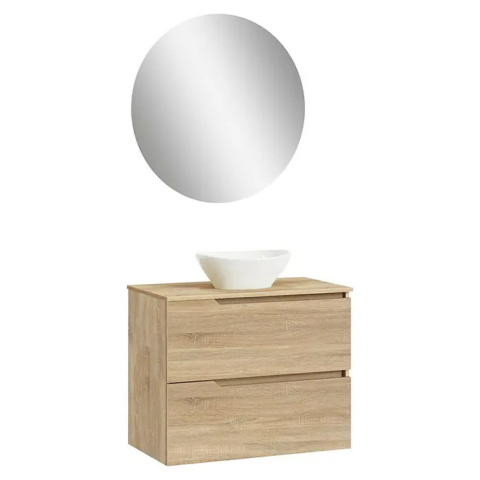Artysan Conjunto de mueble de baño Zeus Top - Ancho: 80 cm, 4 pzs., Natural, Mate - Lavabo de baño moderno con espejo y mueble de madera. El lavabo es blanco y el mueble tiene un acabado de madera clara.