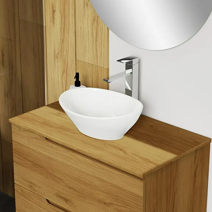 Artysan Conjunto de mueble de baño Zeus Top - Ancho: 80 cm, 4 pzs., Teka, Mate - Un lavabo de baño moderno con una pila ovalada sobre un mueble de madera, complementado con un elegante grifo cromado y un dispensador de jabón.