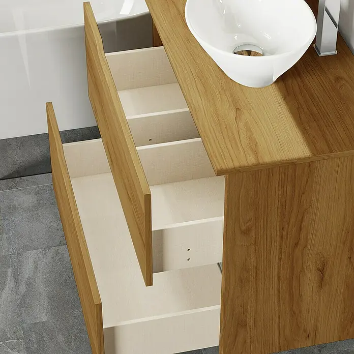 Artysan Conjunto de mueble de baño Zeus Top - Ancho: 80 cm, 4 pzs., Teka, Mate - Vista detallada de un mueble de baño de madera con cajones abiertos y lavabo sobre encimera.