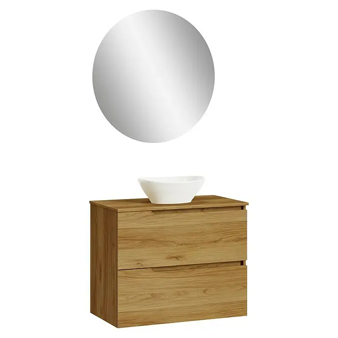 Artysan Conjunto de mueble de baño Zeus Top - Ancho: 80 cm, 4 pzs., Teka, Mate - Mueble de baño de madera con espejo redondo y lavabo sobre encimera para un ambiente elegante.