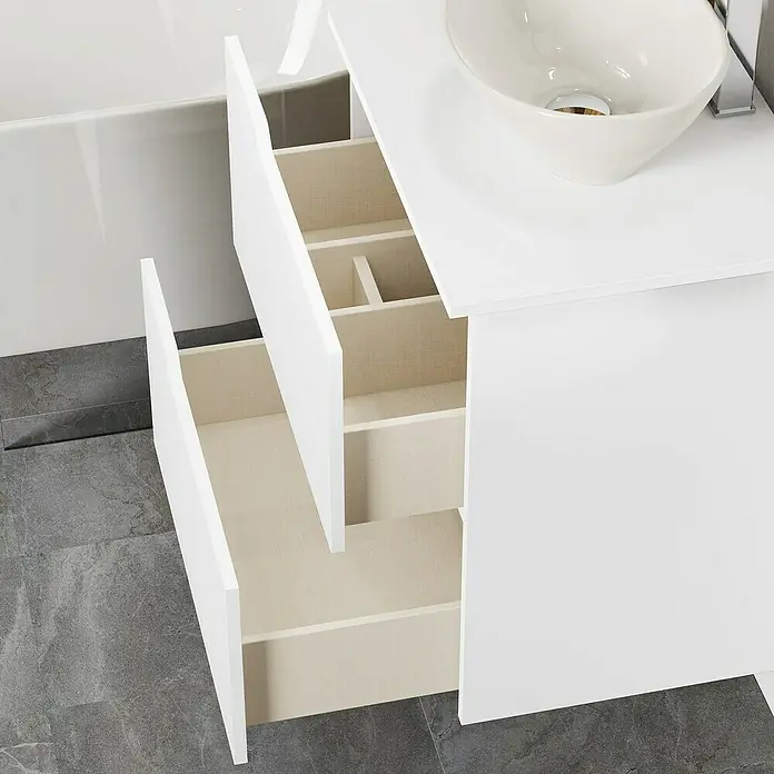 Artysan Conjunto de mueble de baño Zeus Top - Ancho: 60 cm, 4 pzs., Blanco, Mate - Mueble de baño blanco con sistema de cajones abiertos y lavabo. El diseño moderno ofrece un práctico almacenamiento en el baño.