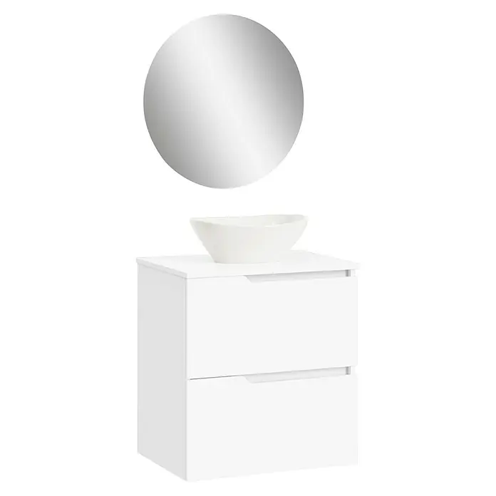 Artysan Conjunto de mueble de baño Zeus Top - Ancho: 60 cm, 4 pzs., Blanco, Mate - Juego de muebles de baño con espejos redondos y lavabo, moderno mueble de baño con cajones para un baño elegante.