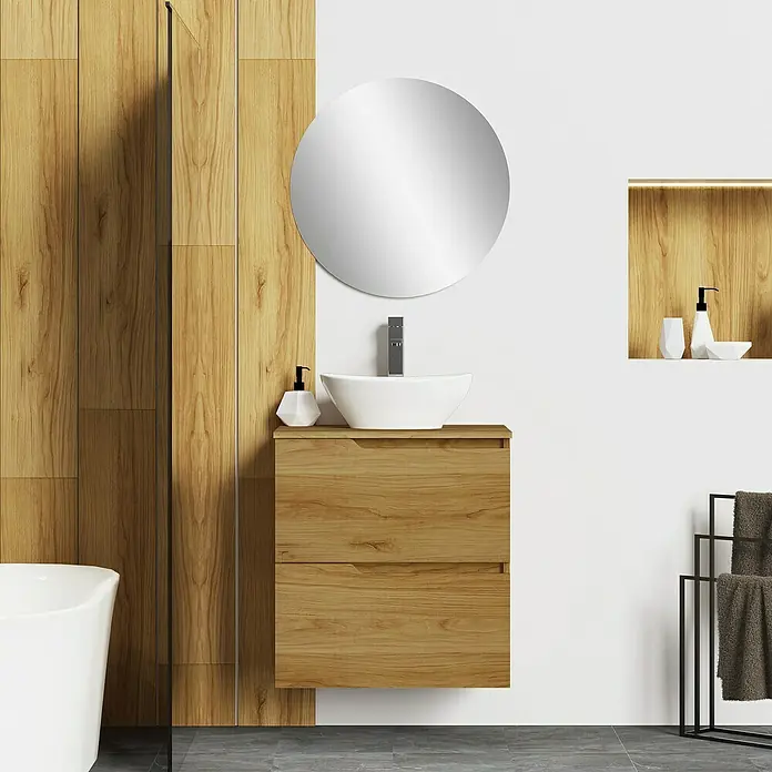 Artysan Conjunto de mueble de baño Zeus Top - Ancho: 60 cm, 4 pzs., Teka, Mate - Juego de muebles de baño de madera clara con espejo redondo, lavabo y toallero para un diseño de baño moderno.