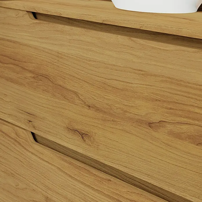 Artysan Conjunto de mueble de baño Zeus Top - Ancho: 60 cm, 4 pzs., Teka, Mate - Primer plano de un mueble de madera clara con cajones, que muestra una estética natural y cálida.