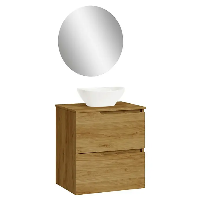 Artysan Conjunto de mueble de baño Zeus Top - Ancho: 60 cm, 4 pzs., Teka, Mate - Moderno mueble de baño con espejo redondo y lavabo sobre encimera blanco. El mueble está hecho de madera clara.