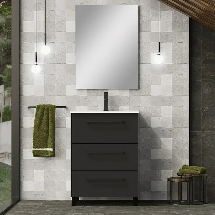 Artysan Conjunto de mueble de baño Arosa 3C - Ancho: 60 cm, 3 pzs., Negro, Mate - Baño con un elegante mueble de lavabo con cajones, un espejo moderno y luces colgantes con estilo.