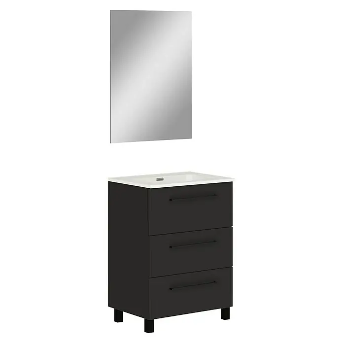 Artysan Conjunto de mueble de baño Arosa 3C - Ancho: 60 cm, 3 pzs., Negro, Mate - Conjunto de baño moderno con mueble de lavabo negro y espejo para un ambiente elegante.
