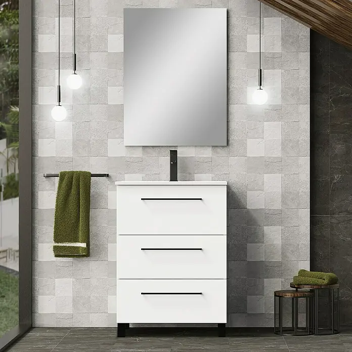 Artysan Conjunto de mueble de baño Arosa 3C - Ancho: 60 cm, 3 pzs., Blanco, Mate - Un baño moderno con un tocador blanco de tres cajones, un espejo y luces colgantes minimalistas.