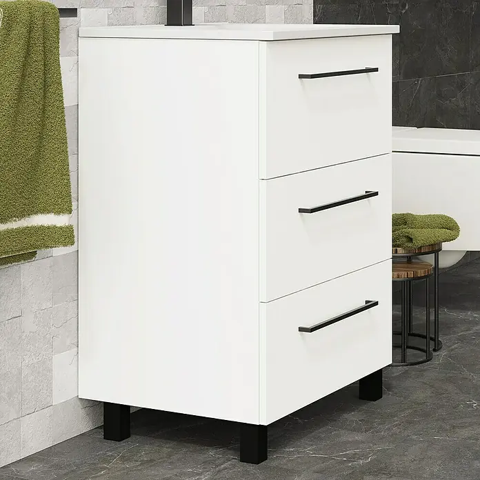 Artysan Conjunto de mueble de baño Arosa 3C - Ancho: 60 cm, 3 pzs., Blanco, Mate - Un moderno mueble de baño blanco con tres cajones y tiradores negros, ideal para un diseño de baño elegante.