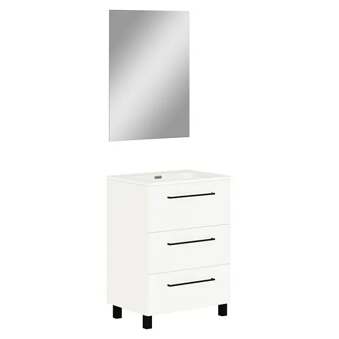 Artysan Conjunto de mueble de baño Arosa 3C - Ancho: 60 cm, 3 pzs., Blanco, Mate - Un moderno mueble de baño con lavabo y espejo. El mueble es blanco con tiradores negros. El espejo es rectangular.