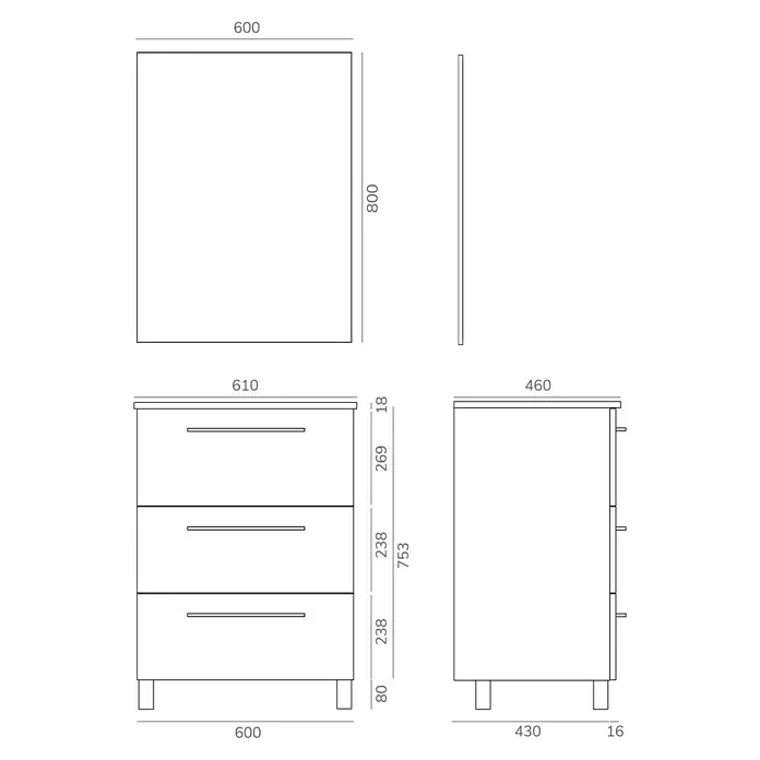 Artysan Conjunto de mueble de baño Arosa 3C - Ancho: 60 cm, 3 pzs., Teka, Mate - Dibujo esquemático de un mueble de baño con espejo, dimensiones detalladas para la planificación y el diseño.