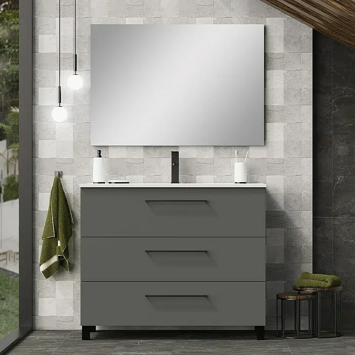 Artysan Conjunto de mueble de baño Arosa 3C - Ancho: 100 cm, 3 pzs., Antracita, Mate - Mueble de baño moderno con tres cajones y un espejo grande, acentuado por elegantes luces colgantes para un ambiente elegante.