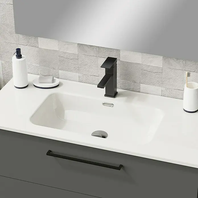 Artysan Conjunto de mueble de baño Arosa 3C - Ancho: 100 cm, 3 pzs., Antracita, Mate - Elegante lavabo con mueble gris y grifo. El dispensador de jabón y el portacepillos completan el diseño moderno.