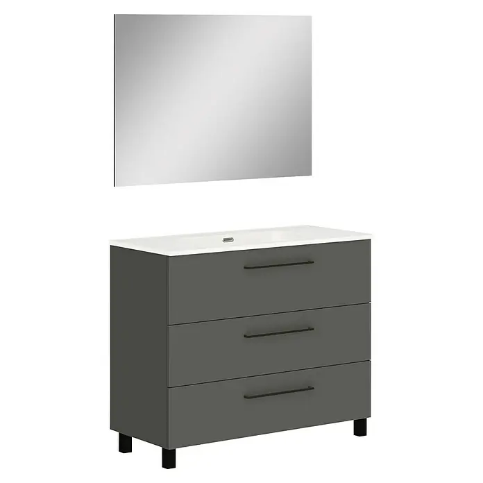 Artysan Conjunto de mueble de baño Arosa 3C - Ancho: 100 cm, 3 pzs., Antracita, Mate - Mueble de baño gris con lavabo blanco y espejo para un baño moderno.