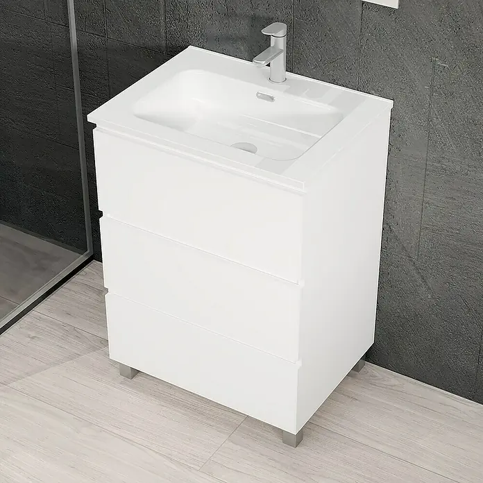 Artysan Conjunto de mueble de baño Patri - Ancho: 60 cm, 3 pzs., Blanco, Mate - Imagen de un mueble de baño blanco con lavabo y grifo cromado. Diseño moderno para baños elegantes.