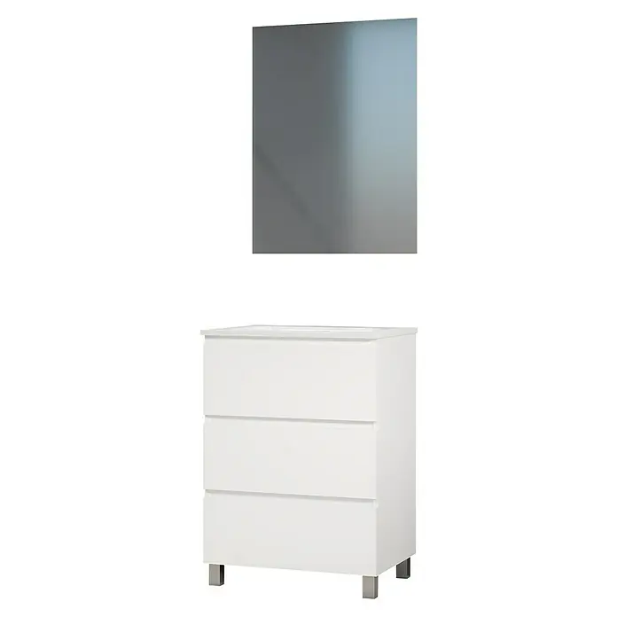 Artysan Conjunto de mueble de baño Patri - Ancho: 60 cm, 3 pzs., Blanco, Mate - Un mueble de lavabo blanco con tres cajones y un espejo sencillo encima.