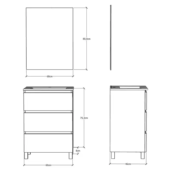 Artysan Conjunto de mueble de baño Patri - Ancho: 60 cm, 3 pzs., Nature, Mate - Esquema de un mueble de baño de 60x46x75,3 cm y un espejo de 60x80 cm para proyectos de diseño de baños.