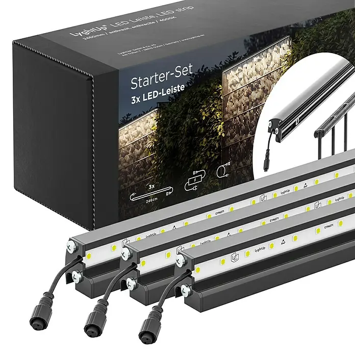 LyghtUp Zaunbeleuchtung Starter-Set - Länge: 246 cm, Anthrazit, Passend für: Doppelstabmatten und Gabionen, 5 -tlg. - Produktbild eines LyghtUp LED-Leisten Starter-Sets (3 Stück) in Anthrazit, 2460mm Länge, ideal für stimmungsvolle Außenbeleuchtung mit 4000K Lichtfarbe.