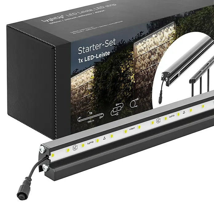 LyghtUp Zaunbeleuchtung Starter-Set - Länge: 196 cm, Anthrazit, Passend für: Doppelstabmatten und Gabionen, 3 -tlg. - Produktbild einer LyghtUp LED-Leiste im Starter-Set, ideal für stimmungsvolle Beleuchtung im Außenbereich.