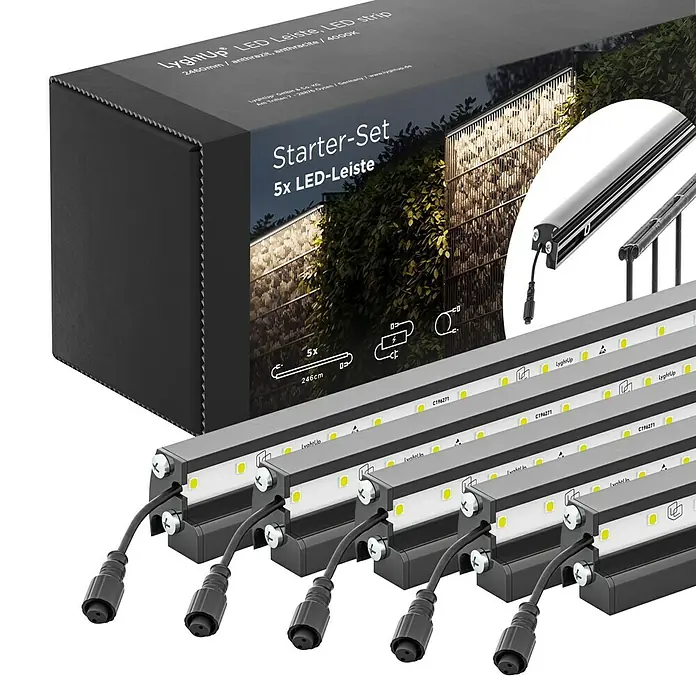 LyghtUp Zaunbeleuchtung Starter-Set - Länge: 246 cm, Anthrazit, Passend für: Doppelstabmatten und Gabionen, 7 -tlg. - Produktbild eines LyghtUp LED Leisten Starter-Sets mit fünf Leisten in Anthrazit, ideal für stimmungsvolle Beleuchtung im Außenbereich.