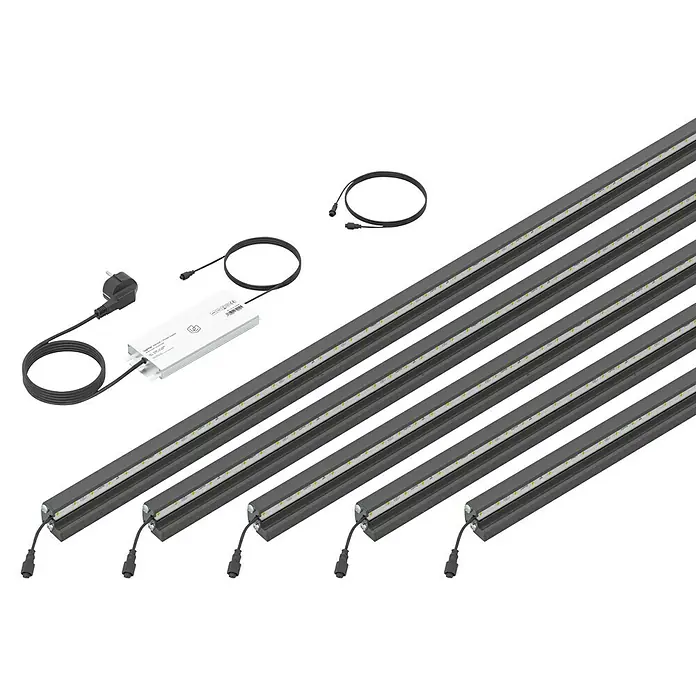 LyghtUp Zaunbeleuchtung Starter-Set - Länge: 246 cm, Anthrazit, Passend für: Doppelstabmatten und Gabionen, 7 -tlg. - Ein Set aus LED-Leuchten, inklusive Netzteil und Kabeln, präsentiert auf einem dunklen Hintergrund für professionelle Beleuchtung.