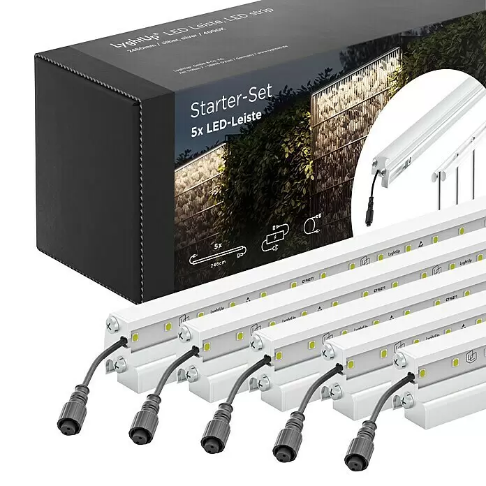 LyghtUp Zaunbeleuchtung Starter-Set - Länge: 246 cm, Silber, Passend für: Doppelstabmatten und Gabionen, 7 -tlg. - Starter-Set mit fünf weißen/silbernen 246cm LED-Lichtleisten und schwarzer Verpackung.