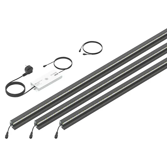 LyghtUp Zaunbeleuchtung Starter-Set - Länge: 246 cm, Anthrazit, Passend für: Doppelstabmatten und Gabionen, 5 -tlg. - Bild einer LED-Leiste mit Zubehör. Die Leisten sind grau und enthalten LED-Leuchten, außerdem sind Netzteil und Kabel enthalten.