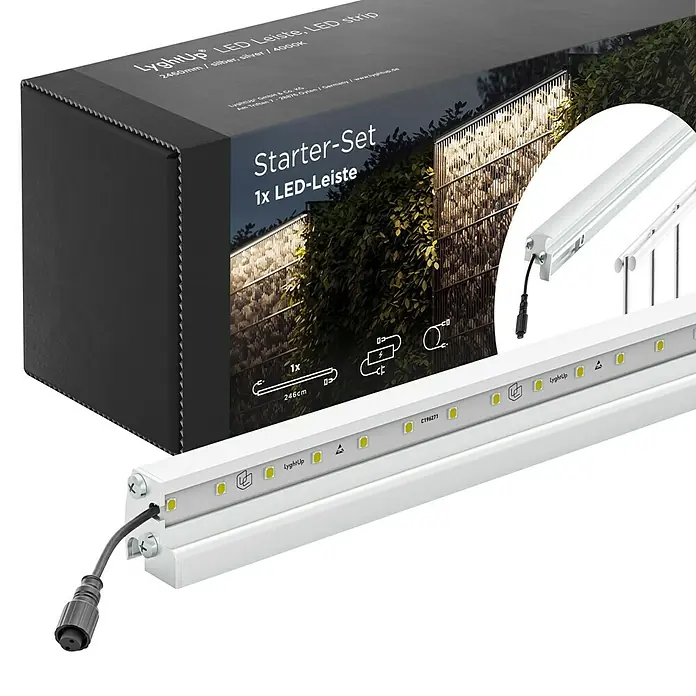 LyghtUp Zaunbeleuchtung Starter-Set - Länge: 246 cm, Silber, Passend für: Doppelstabmatten und Gabionen, 3 -tlg. - Produktfoto einer LyghtUp LED-Leiste, Starter-Set mit einer Länge von 246 cm, ideal für stimmungsvolle Beleuchtung im Außenbereich.