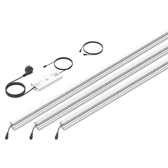 LyghtUp Zaunbeleuchtung Starter-Set - Länge: 246 cm, Silber, Passend für: Doppelstabmatten und Gabionen, 5 -tlg. - Dreifache LED-Wachstumsleuchten mit Netzteil und Stromkabeln. Ausgelegt für gleichmäßige und effiziente Pflanzenbeleuchtung.