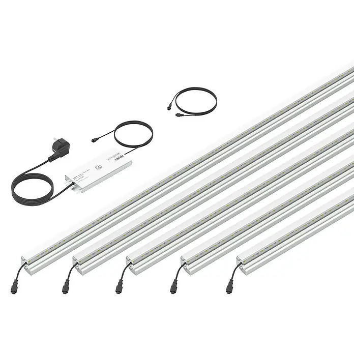 LyghtUp Zaunbeleuchtung Starter-Set - Länge: 246 cm, Silber, Passend für: Doppelstabmatten und Gabionen, 7 -tlg. - Produktbild von fünf LED-Leuchtstoffröhren in Weiß, komplett mit Kabeln und Netzteil für einfache Installation und Nutzung.