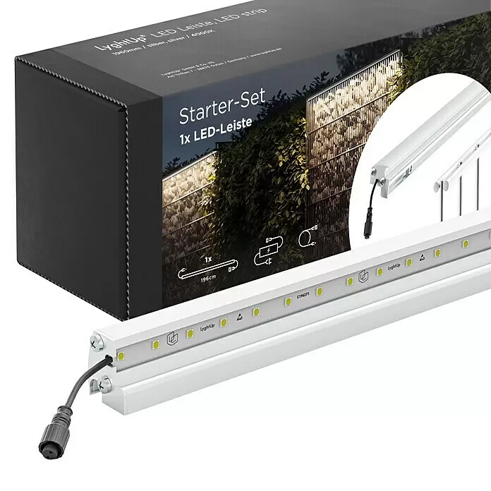 LyghtUp Zaunbeleuchtung Starter-Set - Länge: 196 cm, Silber, Passend für: Doppelstabmatten und Gabionen, 3 -tlg. - Weißes LED-Leisten Starter-Set (196 cm) in schwarzer Verpackung. Die LED-Leiste hat sichtbare gelbe LEDs und einen Stecker.