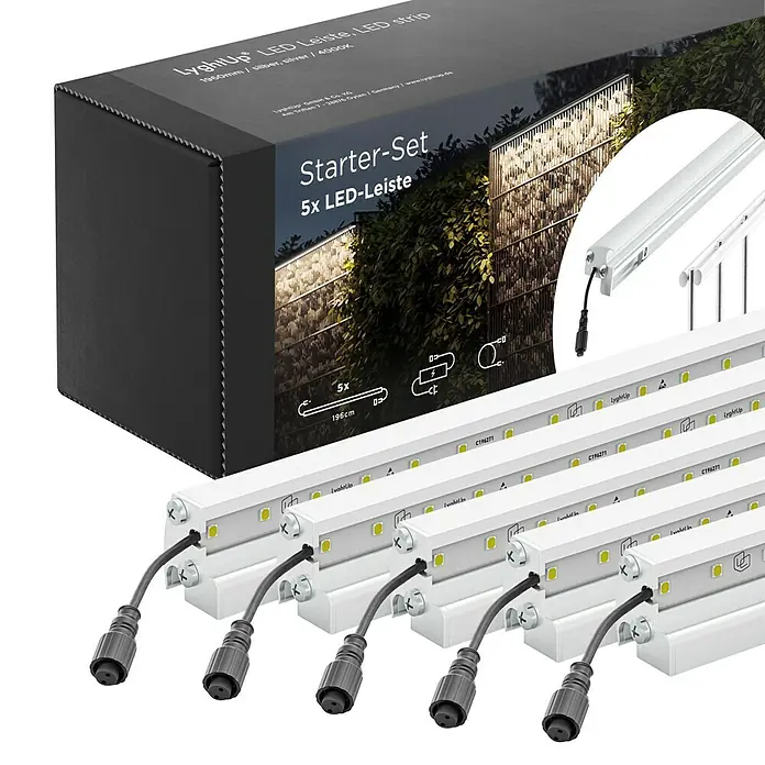 LyghtUp Zaunbeleuchtung Starter-Set - Länge: 196 cm, Silber, Passend für: Doppelstabmatten und Gabionen, 7 -tlg. - Produktbild des LyghtUp LED Leisten Starter-Sets mit fünf LED-Leisten. Ideal für stimmungsvolle Beleuchtung im Außenbereich.