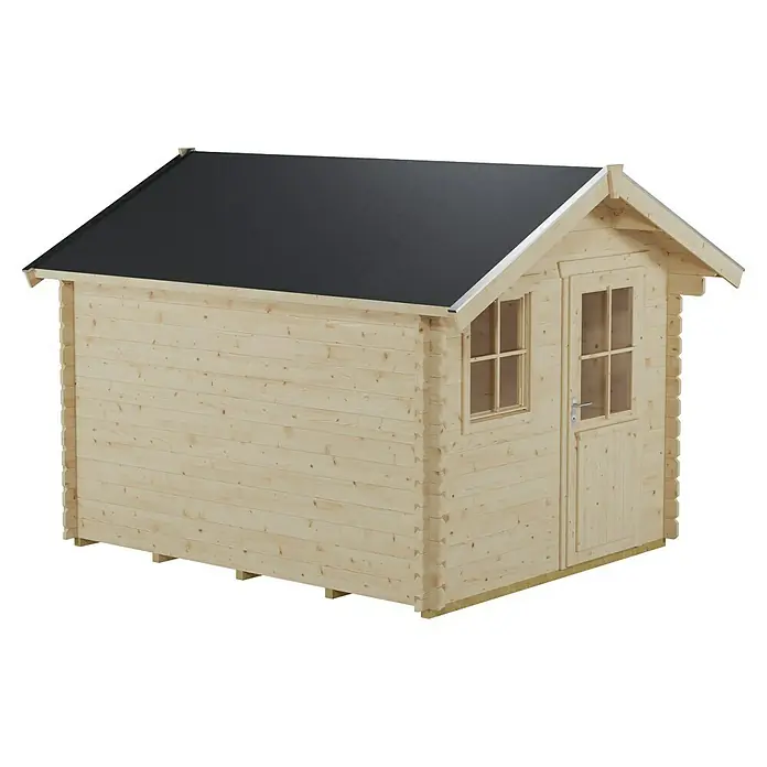 SKAN HOLZ Gartenhaus Porto 3 - Außenmaß inkl. Dachüberstand (B x T): 280 x 355 cm, Holz, Natur - Ein helles Holzgartenhaus mit schwarzem Dach, Fenster und Tür, ideal für den Garten.