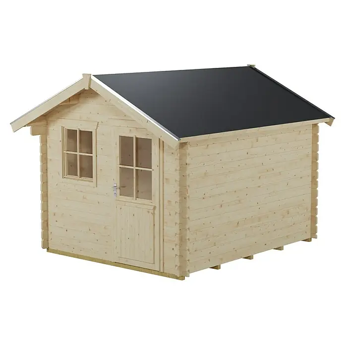 SKAN HOLZ Gartenhaus Porto 3 - Außenmaß inkl. Dachüberstand (B x T): 280 x 355 cm, Holz, Natur - Diese Aufnahme zeigt ein Blockhaus aus Holz mit einem dunklen Dach, das sich ideal für den Garten eignet.
