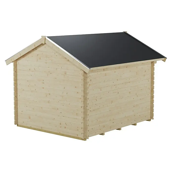 SKAN HOLZ Gartenhaus Porto 3 - Außenmaß inkl. Dachüberstand (B x T): 280 x 355 cm, Holz, Natur - Ein helles Holzgartenhaus mit einem schwarzen Dach und metallischen Kanten, ideal für zusätzlichen Stauraum im Freien.