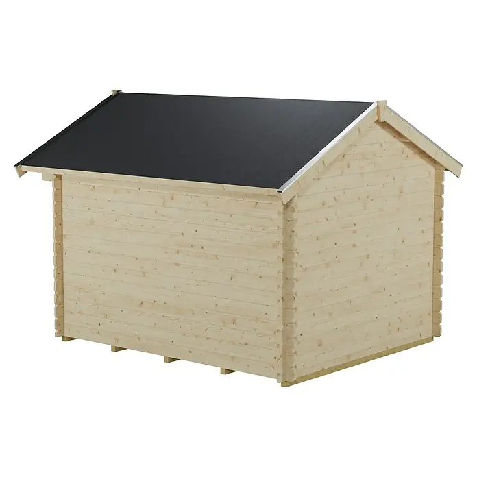 SKAN HOLZ Gartenhaus Porto 3 - Außenmaß inkl. Dachüberstand (B x T): 280 x 355 cm, Holz, Natur - Ansicht eines Holzgartenschuppens mit Satteldach und sichtbaren Holzverbindungen, ideal für die Gartenaufbewahrung.