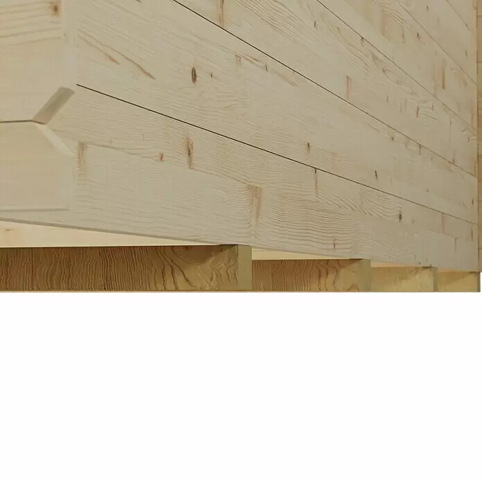 SKAN HOLZ Gartenhaus Porto 3 - Außenmaß inkl. Dachüberstand (B x T): 280 x 355 cm, Holz, Natur - Nahaufnahme von hellen, naturbelassenen Holzbrettern horizontal gestapelt, mit dunkleren Holzstützen darunter.
