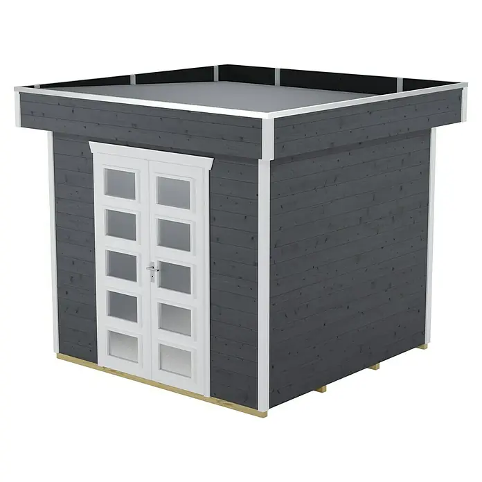 Skan Holz Gartenhaus Venlo 1Außenmaß inkl. Dachüberstand (B x T): 290 x 290 cm, Holz, Schiefergrau - Graues Gartenhaus mit weißen Türrahmen und Holzdetails. Ideal zur Aufbewahrung von Gartengeräten oder als Hobbyraum.