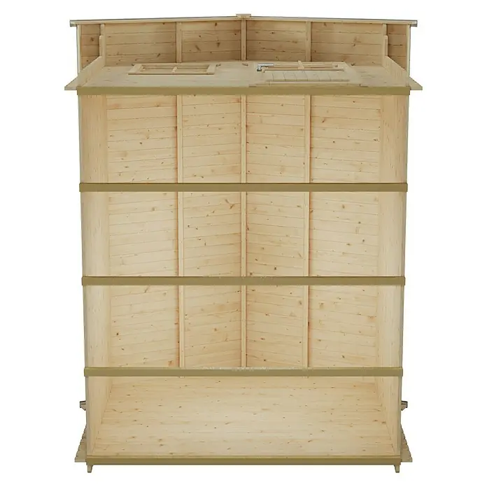 SKAN HOLZ Gartenhaus Porto 3 - Außenmaß inkl. Dachüberstand (B x T): 280 x 355 cm, Holz, Natur - Innenansicht eines Holzschuppens mit Dachfenstern und horizontalen Stützbalken, die die robuste Holzkonstruktion des Schuppens hervorheben.