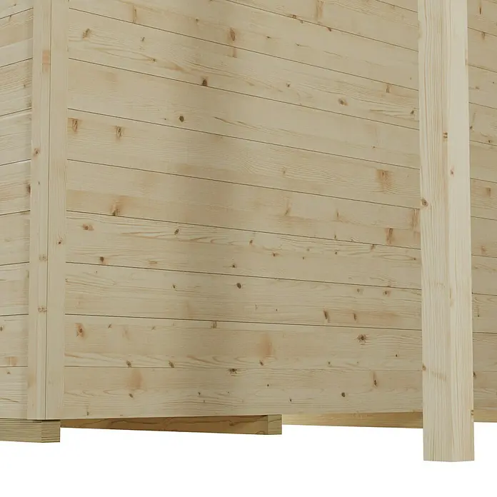 SKAN HOLZ Gartenhaus Venlo 2 - Außenmaß inkl. Dachüberstand (B x T): 420 x 290 cm, Holz, Natur - Nahaufnahme eines Holzhauses mit hellen, horizontalen Brettern und vertikalen Stützbalken, die die natürliche Holzmaserung hervorheben.