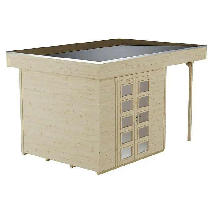 SKAN HOLZ Gartenhaus Venlo 2 - Außenmaß inkl. Dachüberstand (B x T): 420 x 290 cm, Holz, Natur - Ansicht eines hellen Gartenhauses aus Holz mit Doppeltür, mehreren Fenstern und einem kleinen Vordach, das von einer Säule gestützt wird.