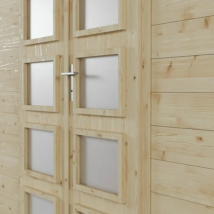 SKAN HOLZ Gartenhaus Venlo 2 - Außenmaß inkl. Dachüberstand (B x T): 420 x 290 cm, Holz, Natur - Nahaufnahme einer Holztür mit quadratischen Fenstern und einem silbernen Türgriff, die die natürliche Holzmaserung hervorhebt.
