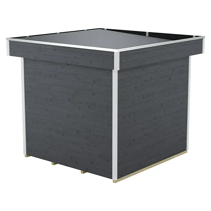 Skan Holz Gartenhaus Venlo 1Außenmaß inkl. Dachüberstand (B x T): 290 x 290 cm, Holz, Schiefergrau - Ansicht eines modernen, würfelförmigen Gartenhauses mit Flachdach und dunkelgrauer Holzverkleidung, ideal für den Außenbereich.