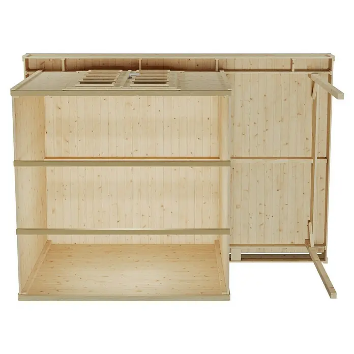 SKAN HOLZ Gartenhaus Venlo 2 - Außenmaß inkl. Dachüberstand (B x T): 420 x 290 cm, Holz, Natur - Innenansicht des unbehandelten Gartenhauses aus Holz mit Unterkonstruktion und Dachbauelementen für den Aufbau.
