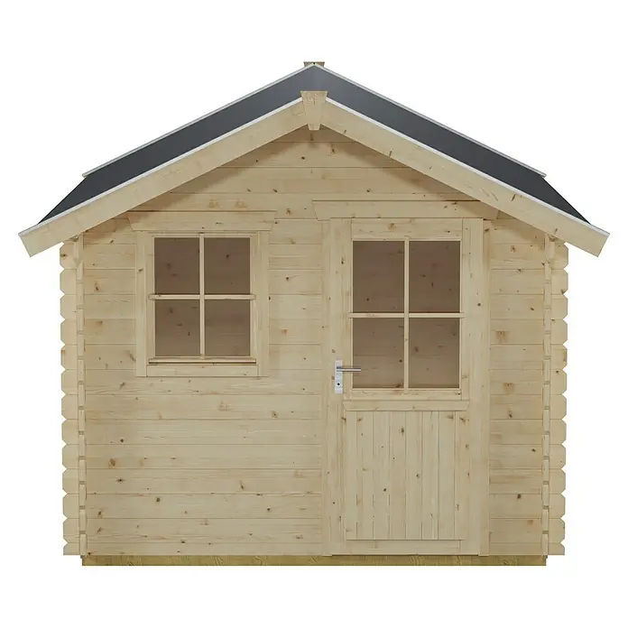 SKAN HOLZ Gartenhaus Porto 3 - Außenmaß inkl. Dachüberstand (B x T): 280 x 355 cm, Holz, Natur - Ein helles Holzgartenhaus mit Fenster und Tür unter einem grauen Dach.