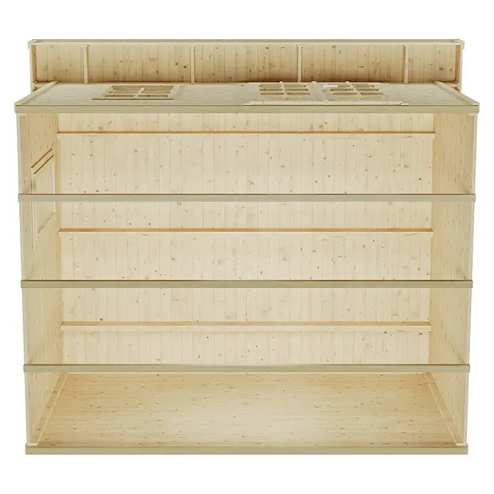 SKAN HOLZ Gartenhaus Breda 1 - Außenmaß inkl. Dachüberstand (B x T): 420 x 360 cm, Holz, Natur - Innenansicht eines Holzgartenhauses mit Regalen für die Lagerung von Gartengeräten und Zubehör.